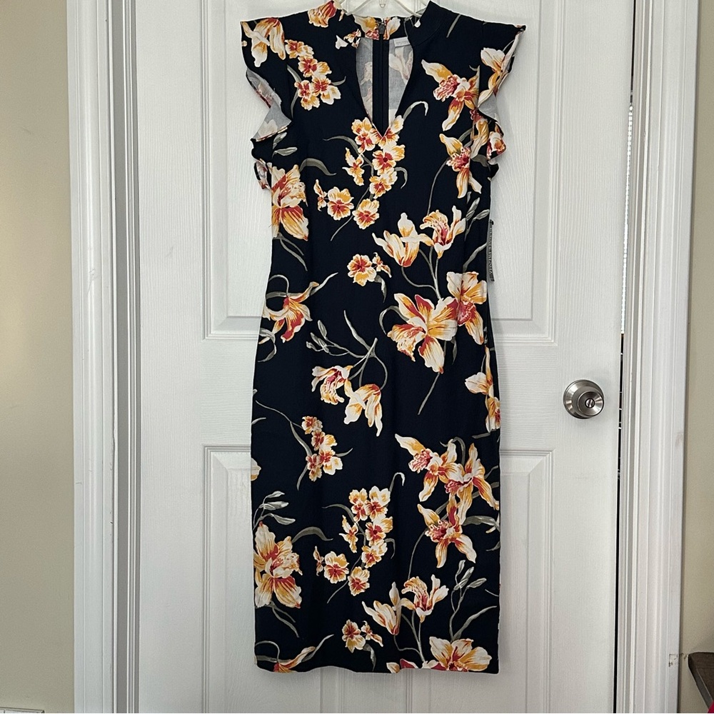 New York & Company Navy Floral Print V-neck Dress with ruffle sleeve Sz:S
